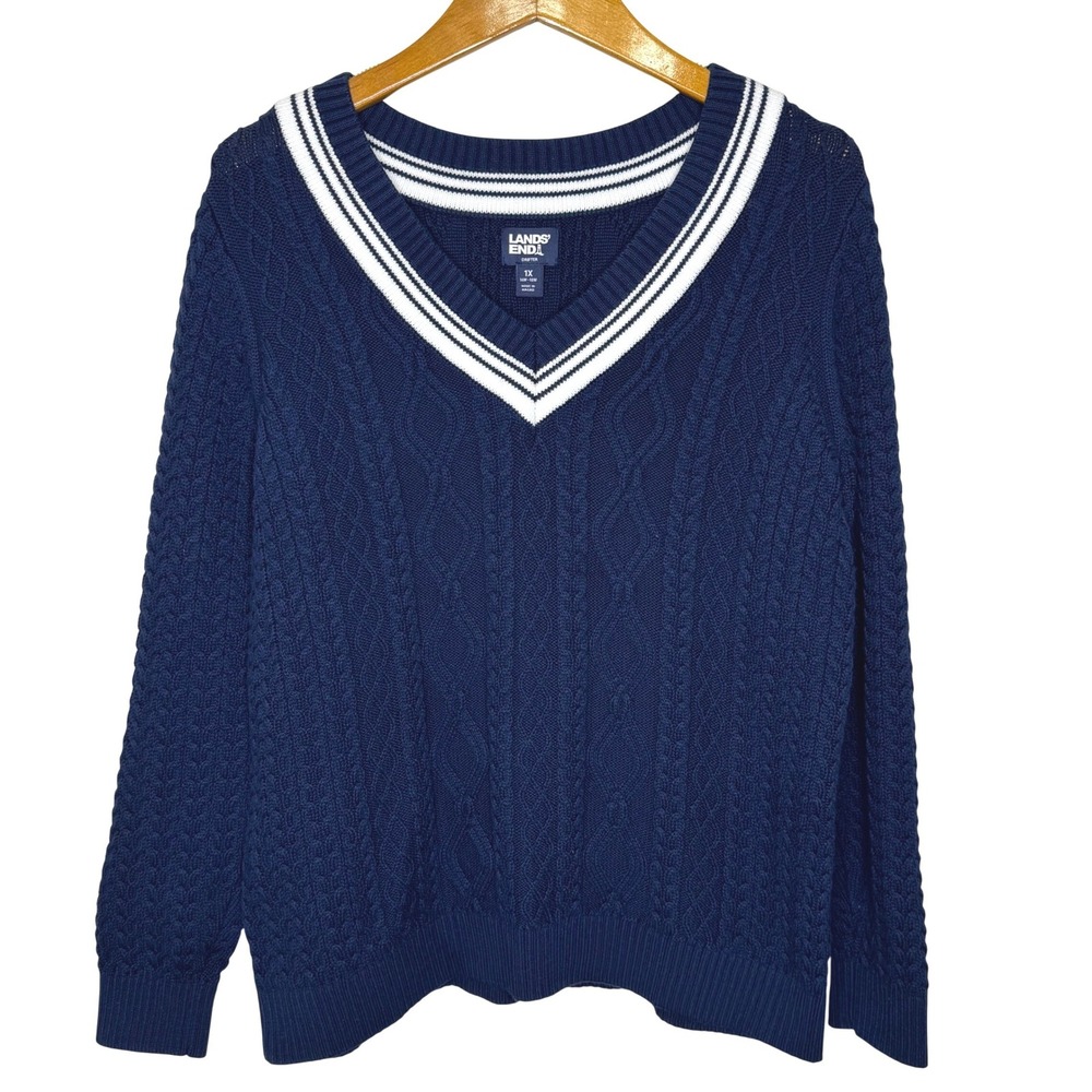 Lands' End Drifter Cable Knit Tennis Sweater 1X Blue/White